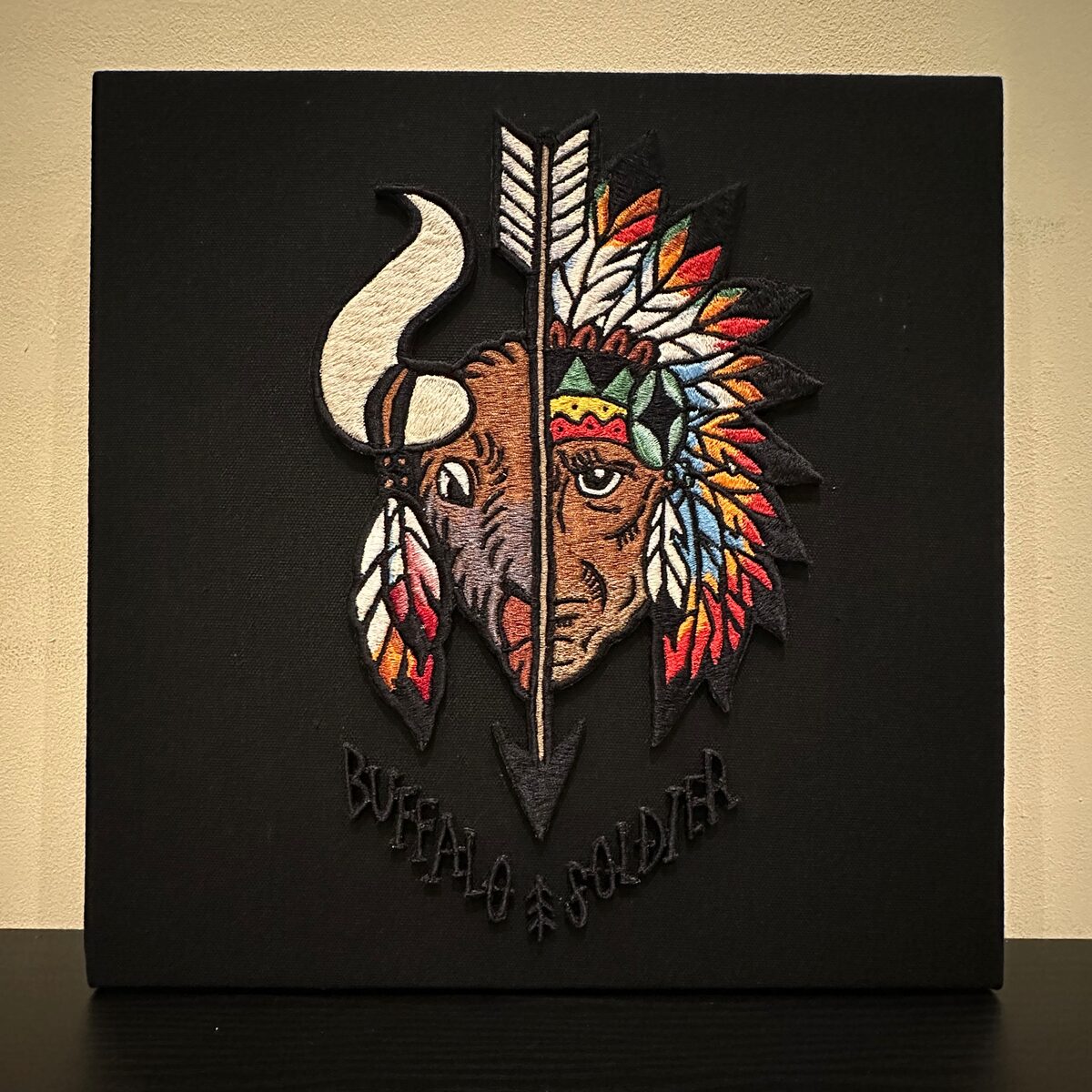 Commissioned embroidery canvas, buffalo and chief (work)