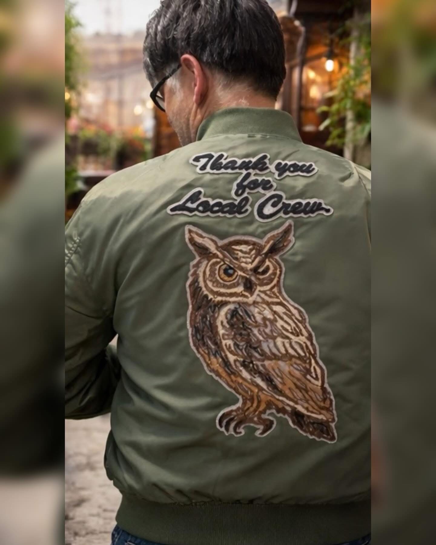 Olive bomber jacket embroidery, an owl (commissioned work)