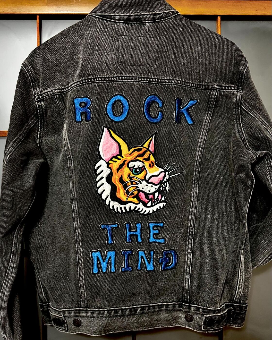 Denim jacket embroidery, ROCK THE MIND tiger (example)